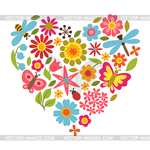 Natural card with beautiful flowers, beetles and - vector clipart