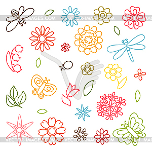 Natural set of beautiful flowers, beetles and - vector clipart