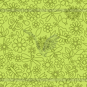 Natural pattern with beautiful flowers, beetles - vector clip art