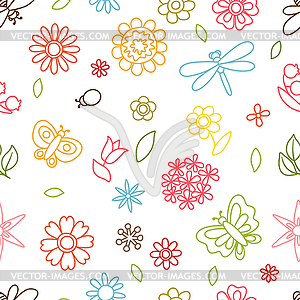 Natural pattern with beautiful flowers, beetles - vector clip art