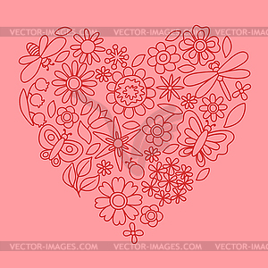 Natural card with beautiful flowers, beetles and - vector clipart / vector image