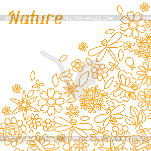 Natural card with beautiful flowers, beetles and - vector image