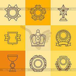 Trophy and awards icons set in linear style - royalty-free vector clipart