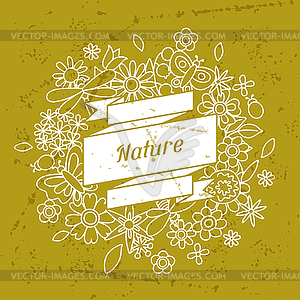 Card with beautiful simple flowers, beetles and - vector clipart