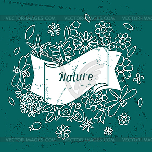 Card with beautiful simple flowers, beetles and - vector clipart