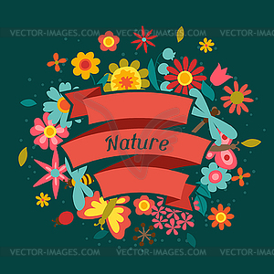Card with beautiful simple flowers, beetles and - vector clip art