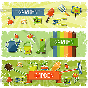 Banners with garden sticker design elements and icons. - vector clipart