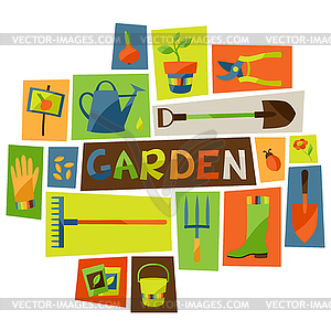 Background with garden design elements and icons - vector image