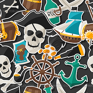 Seamless pattern on pirate theme with stickers and - vector clipart