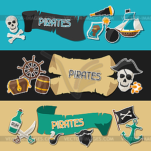 Banners on pirate theme with stickers and objects - vector image