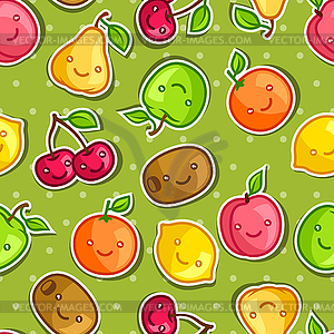 Seamless pattern with cute kawaii smiling fruits - color vector clipart