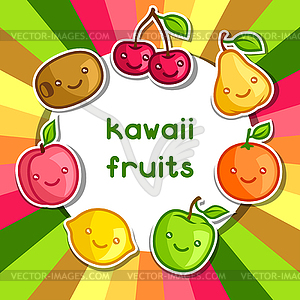 Background with cute kawaii smiling fruits stickers - vector image