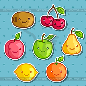 Set of cute kawaii smiling fruits stickers - vector clipart