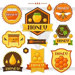 Set of honey and bee labels, badges, emblems - vector image