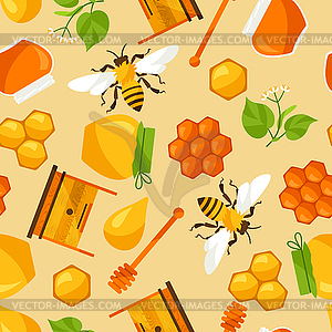 Seamless pattern with honey and bee objects - vector clipart