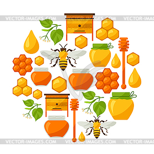 Background design with honey and bee objects - vector image