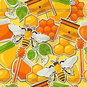 Seamless pattern with honey and bee stickers - vector image