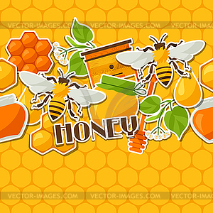 Seamless pattern with honey and bee stickers - vector image