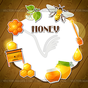 Background design with honey and bee stickers - vector clip art