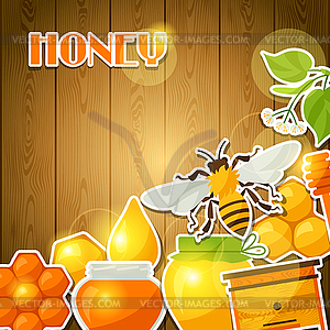 Background design with honey and bee stickers - vector clipart