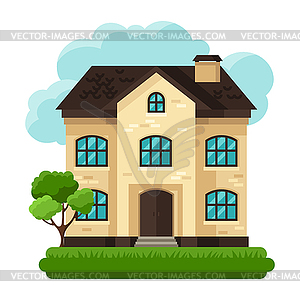 Old brick cottage on clouds background - vector clipart