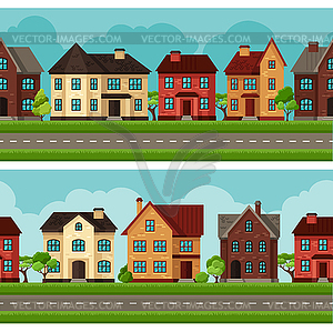 Town seamless borders with cottages and houses - vector clip art