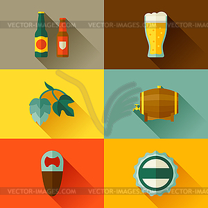 Background with beer icons and objects in flat style - vector clipart