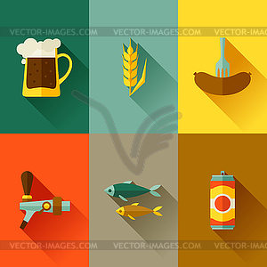 Background with beer icons and objects in flat style - vector clip art