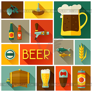 Background with beer icons and objects in flat style - vector image