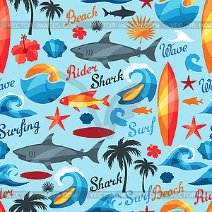 Seamless pattern with surfing design elements and - vector clipart