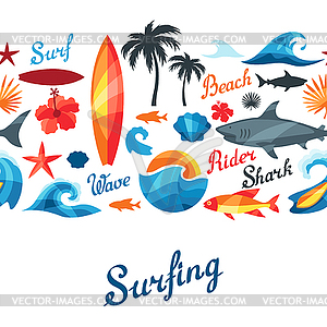 Seamless pattern with surfing design elements and - vector clip art