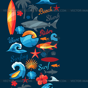 Seamless pattern with surfing design elements and - vector clip art