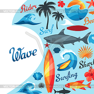 Background with surfing design elements and objects - vector image