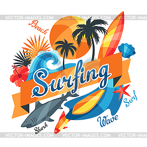 Background with surfing design elements and objects - vector clipart