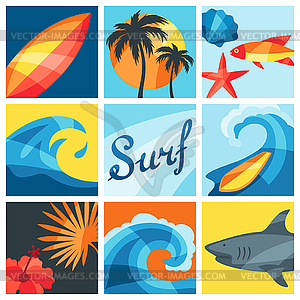 Background with surfing design elements and objects - vector image