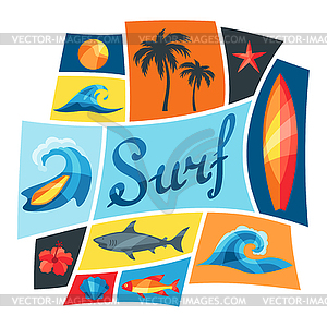 Background with surfing design elements and objects - vector clipart