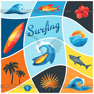 Background with surfing design elements and objects - vector clip art