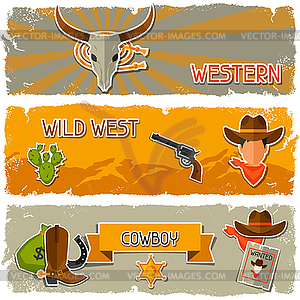 Wild west banners with cowboy objects and stickers - vector clipart