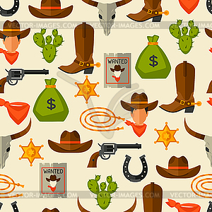 Wild west seamless pattern with cowboy objects and - vector clip art