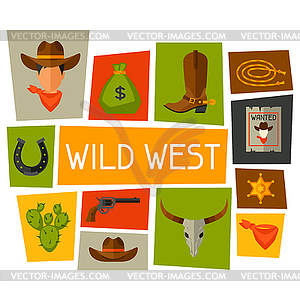 Wild west background with cowboy objects and - vector image