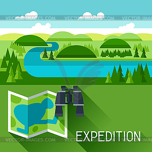 Background with river landscape and fields in flat - color vector clipart