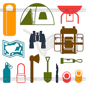 Tourist set of camping equipment icons in flat style - vector clipart