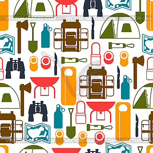 Tourist seamless pattern with camping equipment in - vector clip art