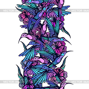 Flying tropical hummingbirds with flowers seamless - vector image