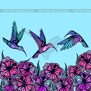 Полет колибри тропические стилизованные с цветами - иллюстрация в векторе