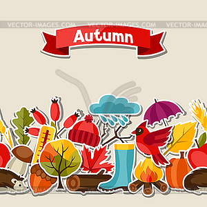 Seamless pattern with autumn sticker icons and - vector clipart