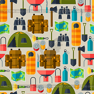 Tourist seamless pattern with camping equipment in - color vector clipart