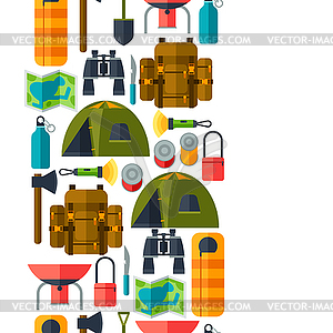 Tourist seamless pattern with camping equipment in - vector clipart