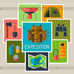 Tourist background with camping equipment in flat - vector clipart / vector image