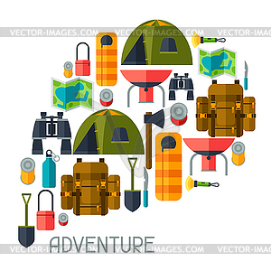 Tourist background with camping equipment in flat - vector image